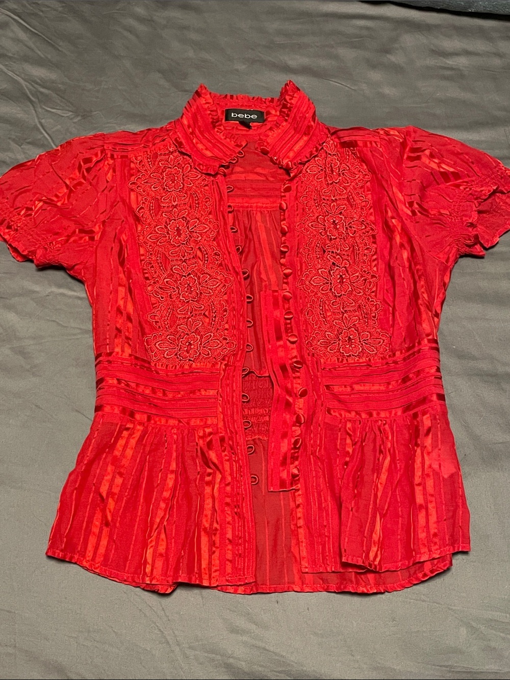 bebe Red Floral Embroidered Short-Sleeve Button Blouse